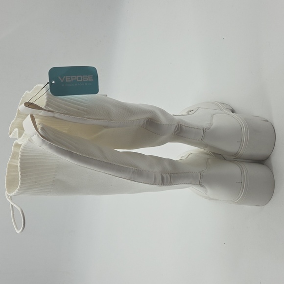Women's White Knee-High Lace-Up Boots PU and Knit Material New - Picture 13 of 16